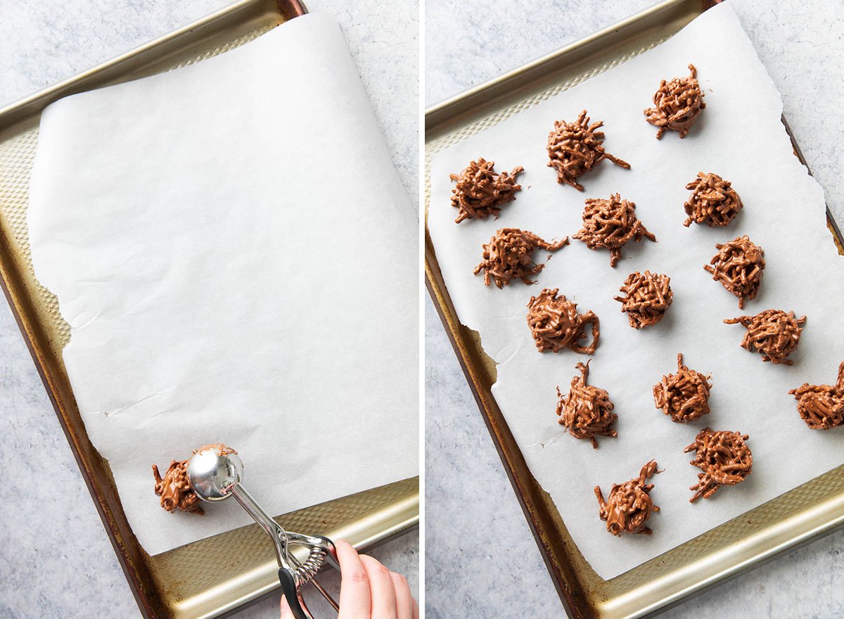 Two photos showing How to Make this butterscotch Christmas treat recipe - scooping and dropping balls of unbaked dough for this dessert.