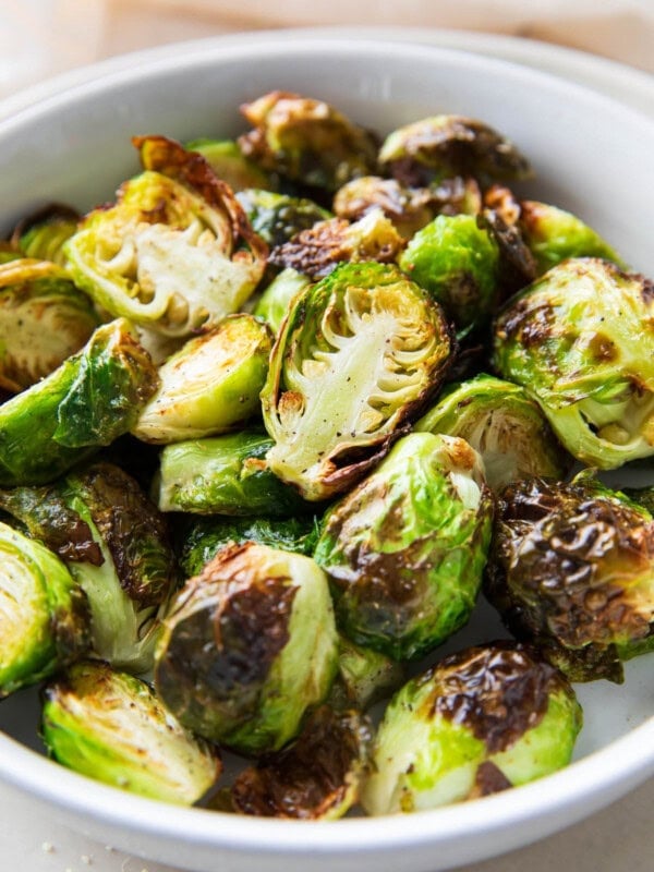 close up of air fryer Brussel sprouts to show well cooked texture