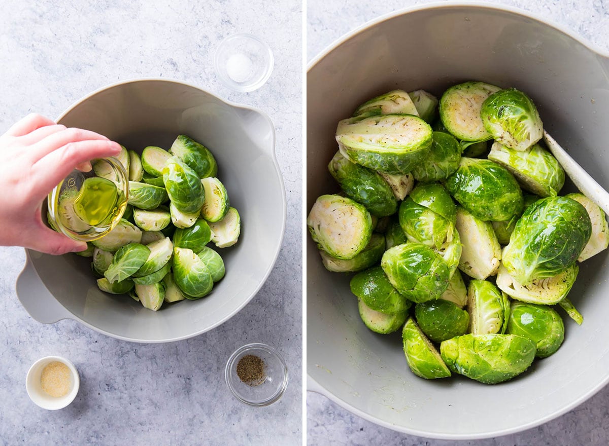 Two photos showing How to Make Brussels sprouts in Air Fryer - stirring and folding oil and seasonings with Brussels sprouts