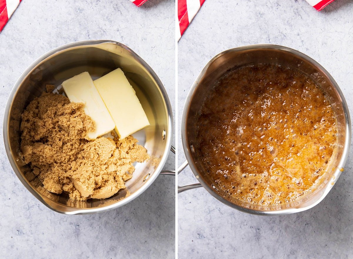 Two photos showing How to Make Christmas Crack - cooking butter and brown sugar together until boiling to make caramel toffee