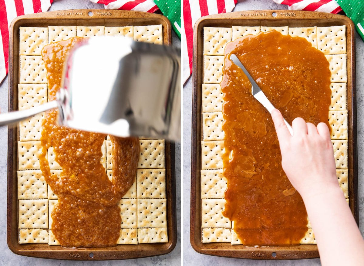 Two photos showing How to Make Christmas Crack - pouring caramel toffee over crackers and spreading into an even layer