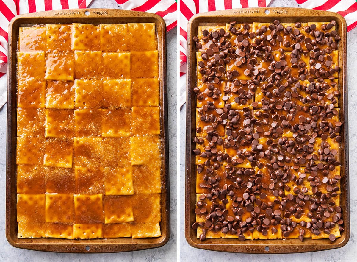 Two photos showing How to Make this festive holiday candy - baked caramel over crackers and melted chocolate chips on top