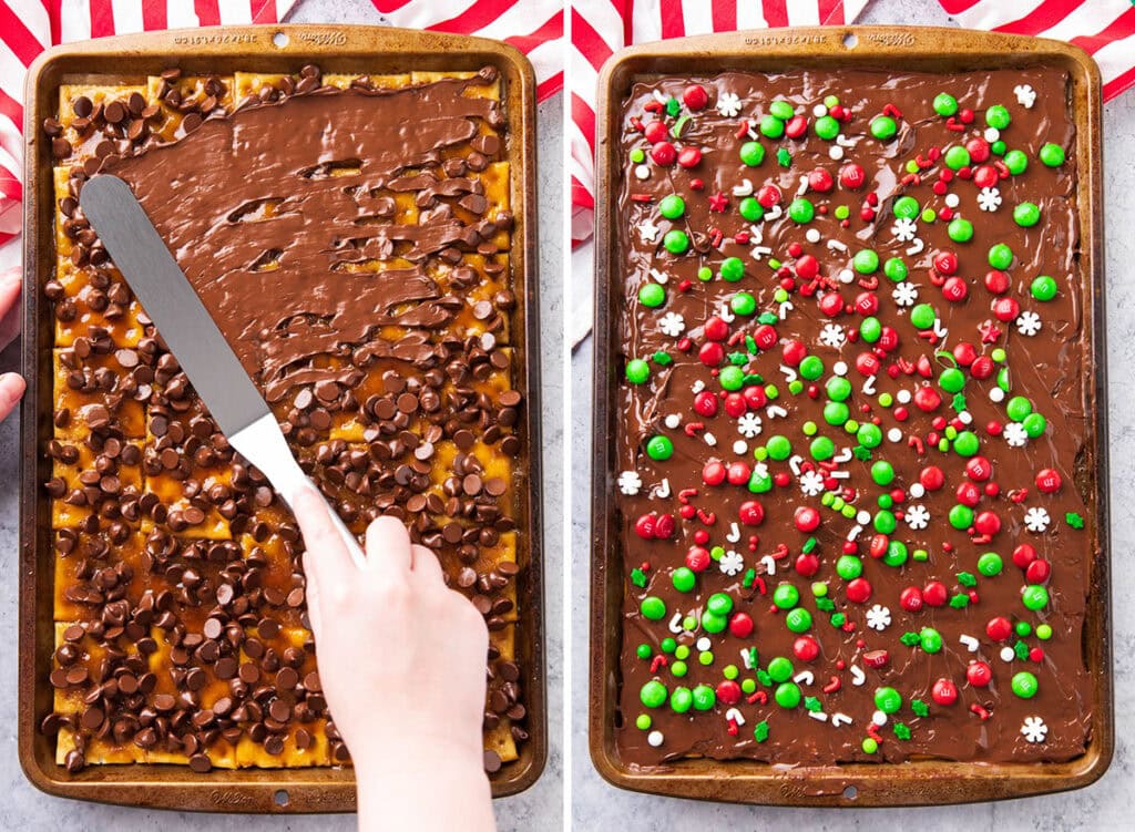 Two photos showing How to Make this festive holiday candy - spreading melted chocolate over layers of crackers and toffee, then topping with sprinkles