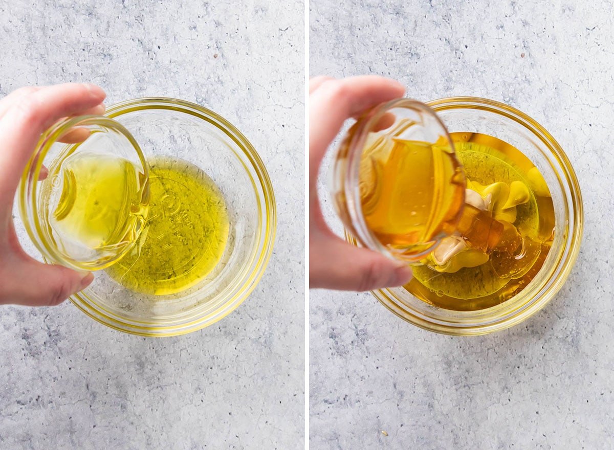 Two photos showing How to Make Honey Mustard Dressing - adding oil, mustard, and honey to a small mixing bowl