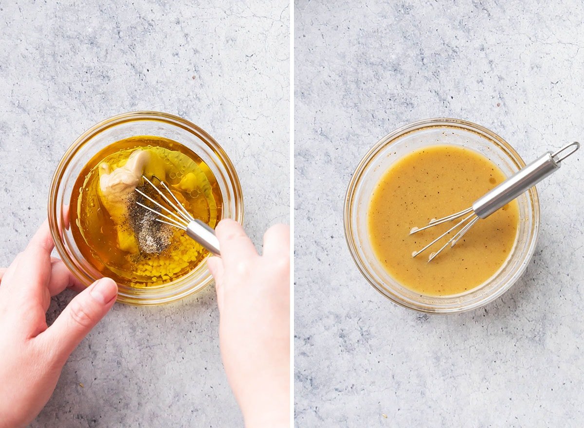 Two photos showing How to Make this condiment recipe - stirring ingredients together until very well mixed