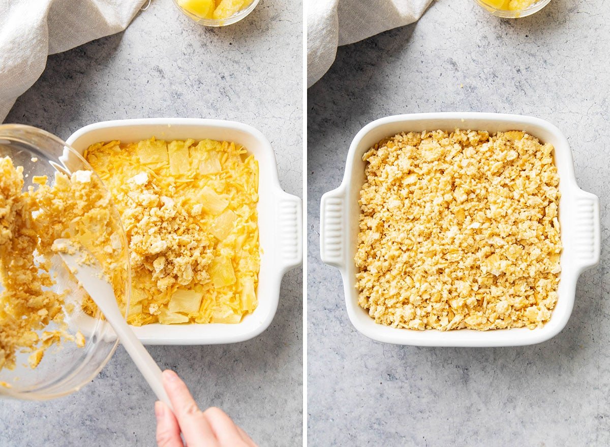 Two photos showing how to make this fruit-based side dish for Thanksgiving and Easter - spooning crumb topping over filling