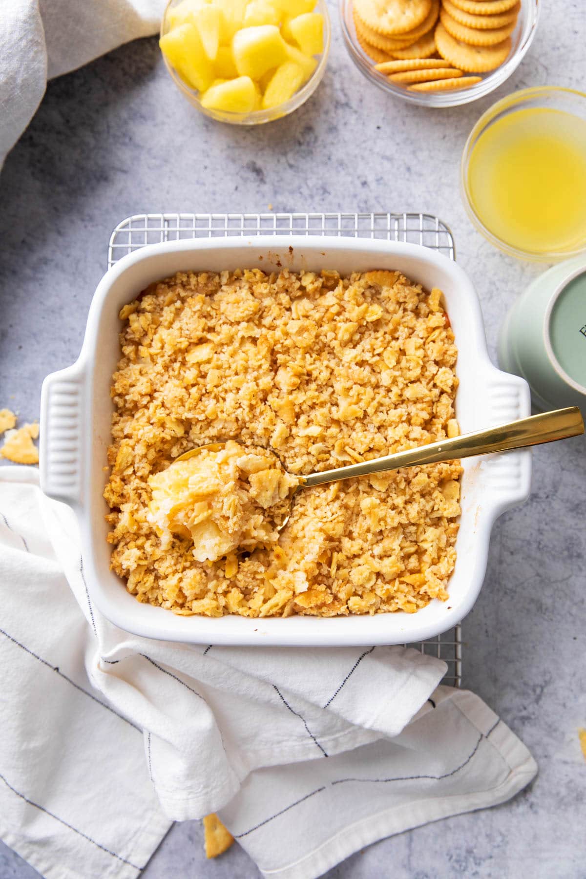 Straight overhead w spoon - Serving up this Thanksgiving and easter baked side dish