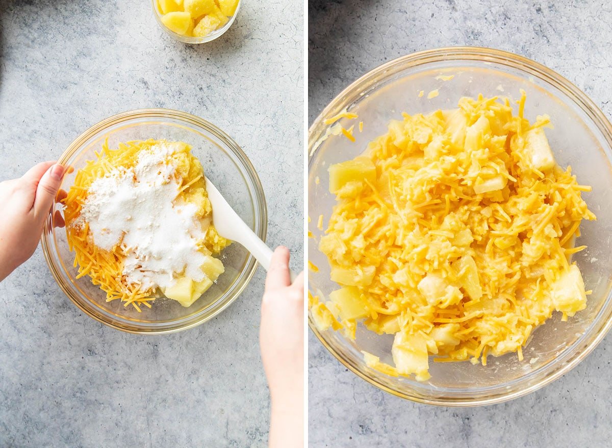 Two photos showing How to Make Pineapple Casserole - stirring cheese, pineapple, sugar, and flour together to make the filling