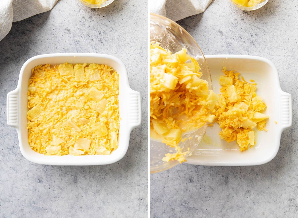 Two photos showing How to Make Cheesy Pineapple Casserole - pouring pineapple and cheese mixture into a casserole dish