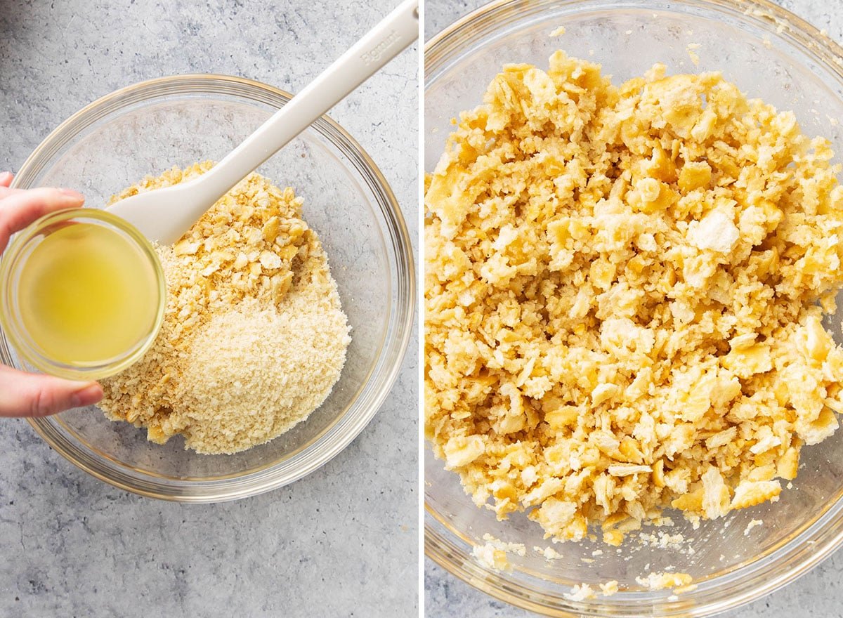 Two photos showing How to Make making the buttery cracker topping