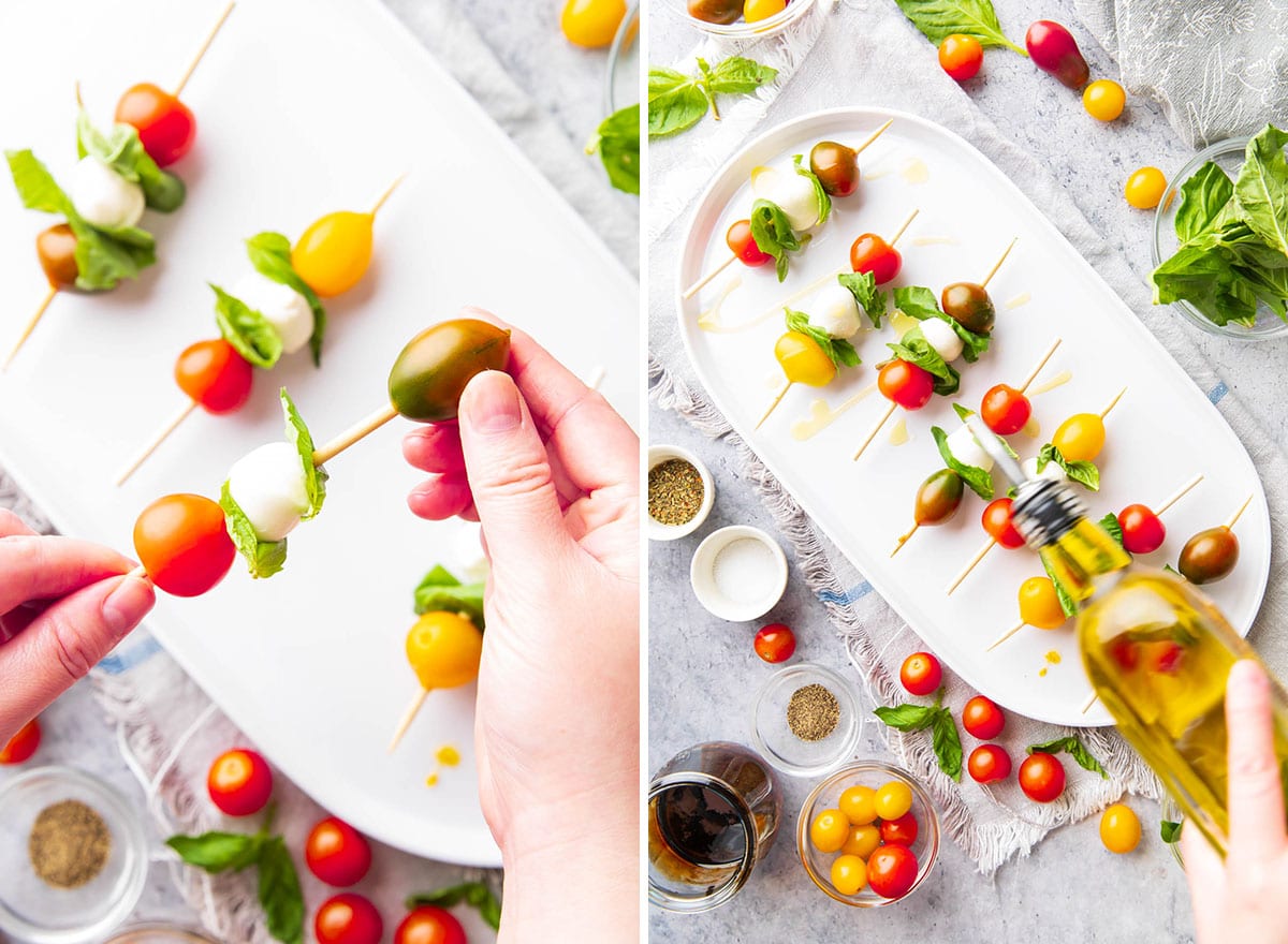 Two photos showing how to make caprese skewers - someone spearing a cherry tomato onto a mini skewer with mozzarella balls and fresh basil leaves, then drizzling with olive oil.