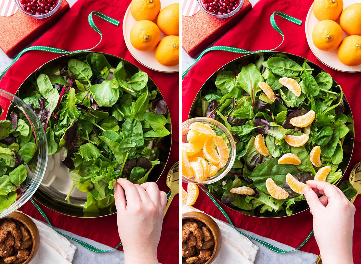 Two photos showing How to Make Christmas Salad - adding fresh greens and oranges.