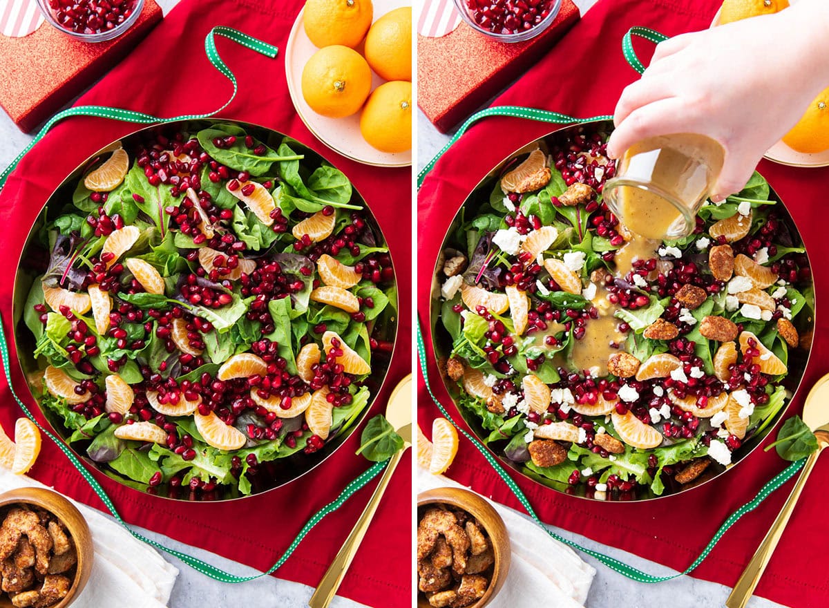 Two photos showing How to Make this festive side dish - adding the rest of the topping including cheese, nuts and dressing.