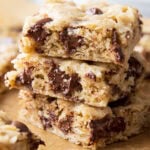 Close up of Oatmeal Chocolate Bars in a stack with melted chocolate chips dripping