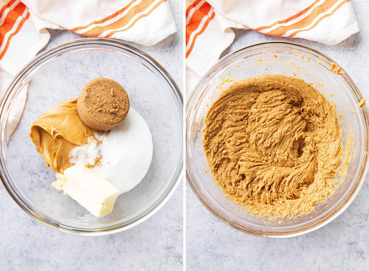 Two photos showing How to Make Monster Cookies - wet ingredients in a mixing bowl and fully mixed ingredients in the same bowl.