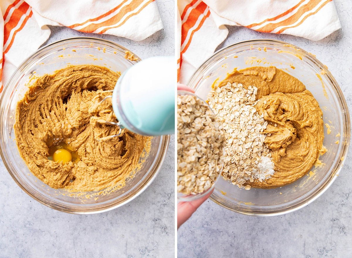 Two photos showing How to Make this easy Monster Cookie recipe - Using a hand mixer to whisk in eggs and the dry ingredients including flour, oats, and baking soda.