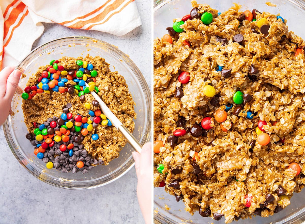 Someone folding M&M’s into this easy cookie dough dotted with chocolate chips and oats.