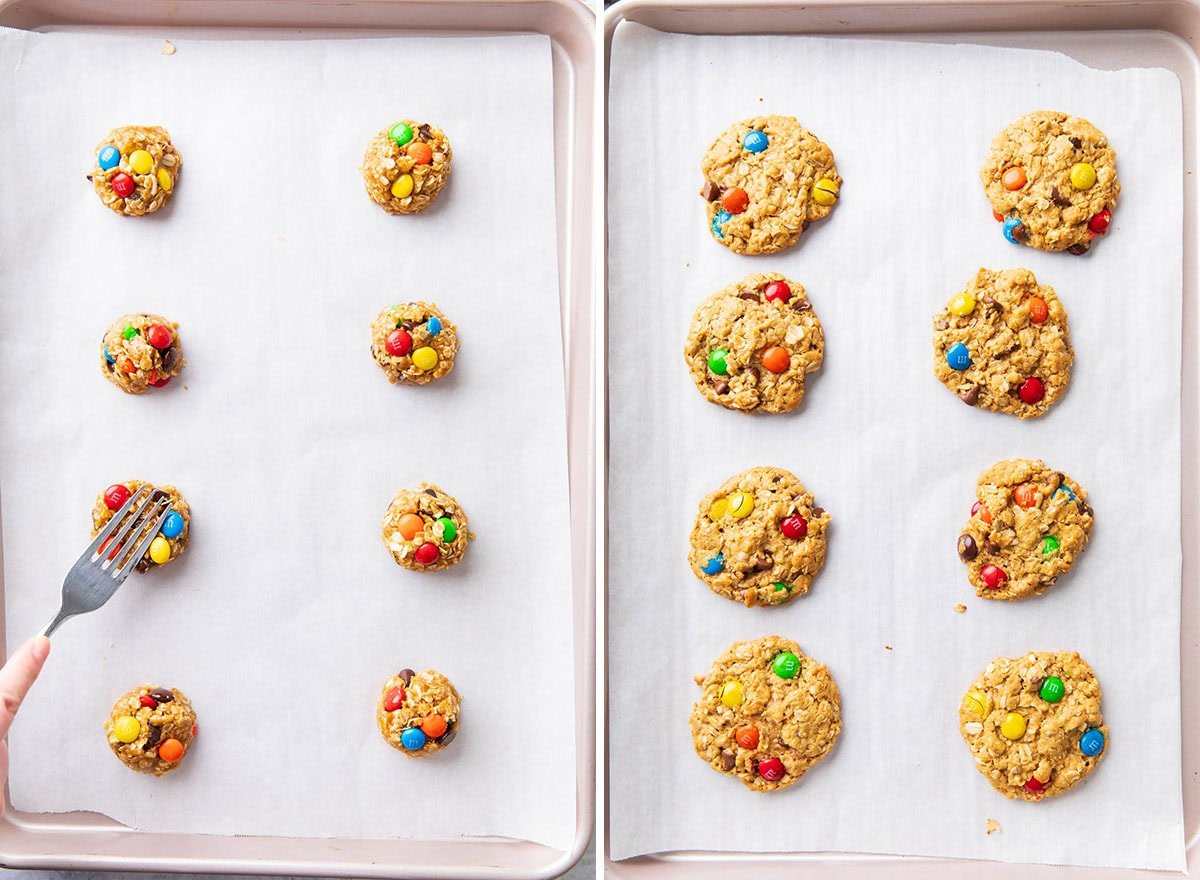 Using a fork to flatten balls of dough on a baking sheet and this fully baked recipe.