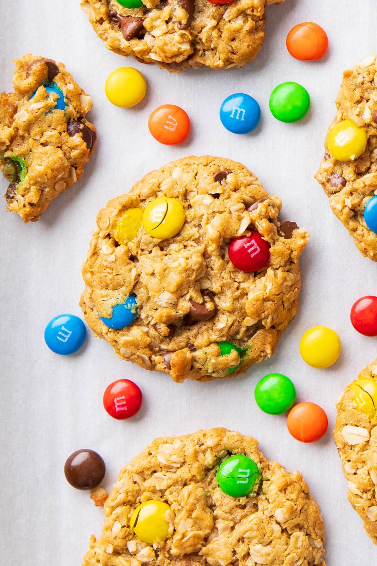 An overhead photo of this easy recipe with M&M’s, oats, and peanut butter.