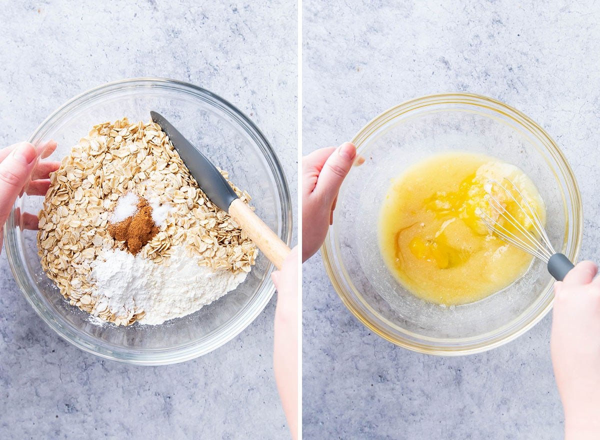 Two photos showing How to Make Oatmeal Cookie Bars - stirring together dry ingredients in a mixing bowl and whisking wet ingredients in another bowl.