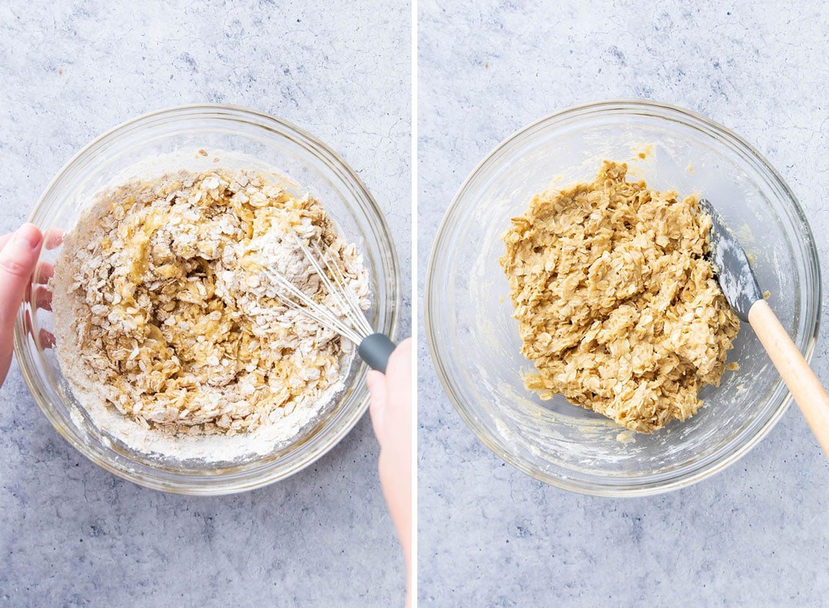 Whisking and folding to combine wet and dry ingredients to create the cookie dough for this recipe.