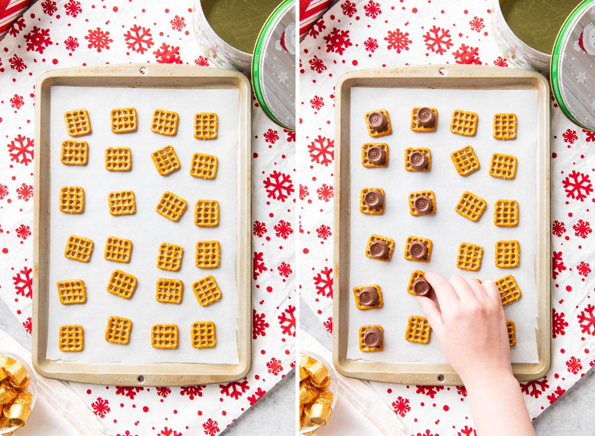 Two photos showing how to make Rolo Pretzel Bites - laying pretzels out in neat rows on a lined baking sheet and placing Rolo candies onto each pretzel