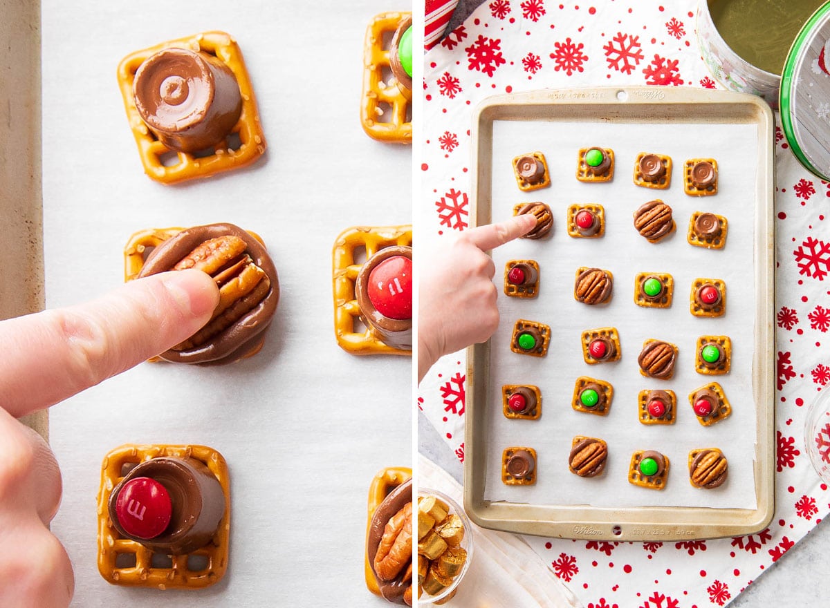 pressing topping into the melted chocolate of this easy bites recipe