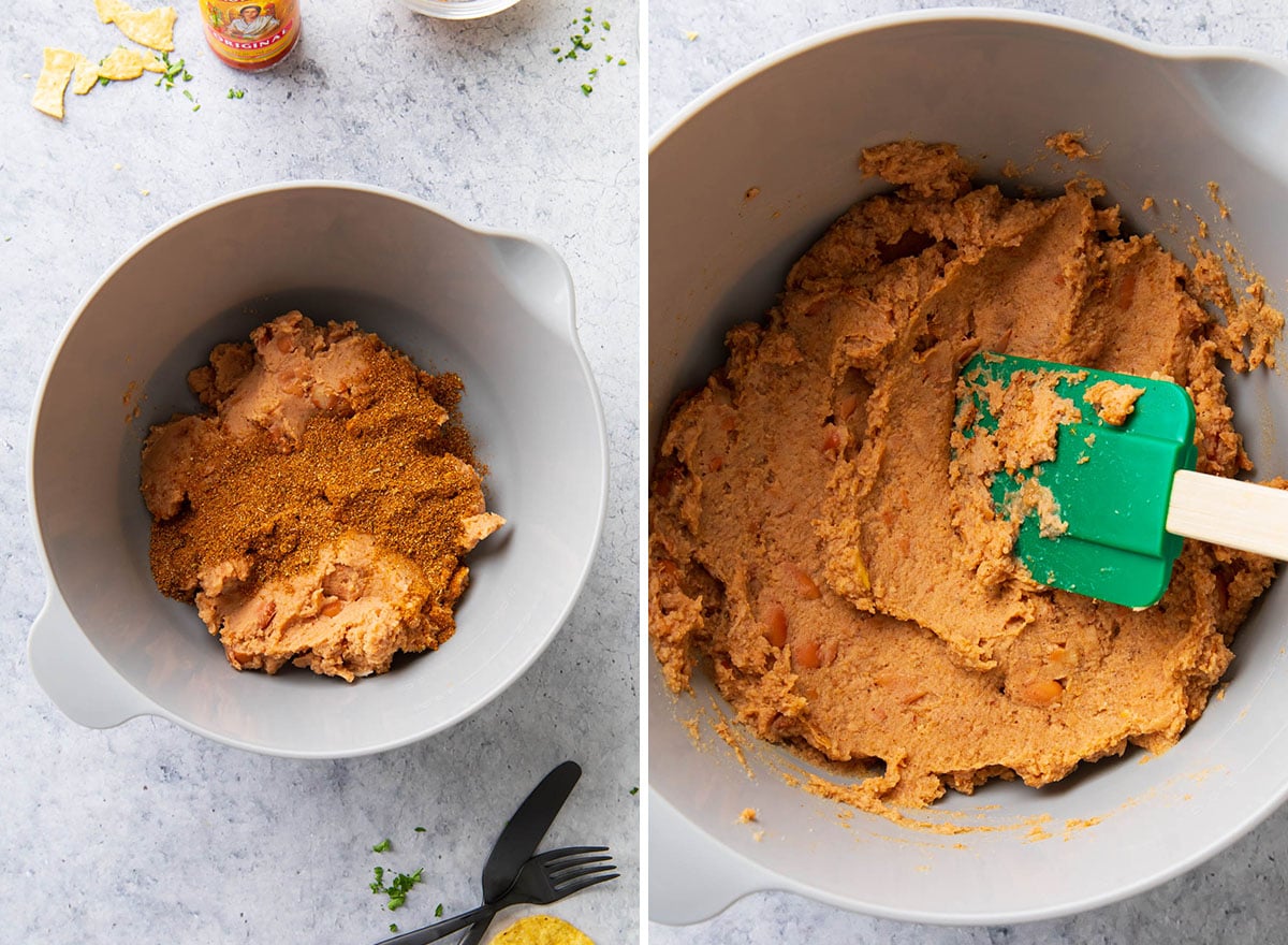 Two photos showing How to Make 7 Layer Taco Dip - stirring taco seasoning into refried beans