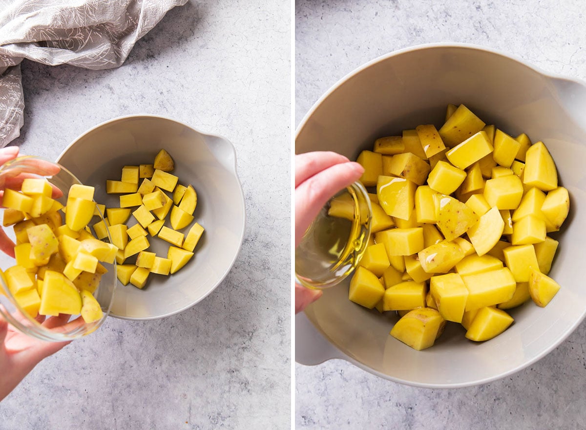 Two photos showing How to Make Air Fryer Roasted Potatoes - Adding cubed potatoes to a bowl and tossing in olive oil