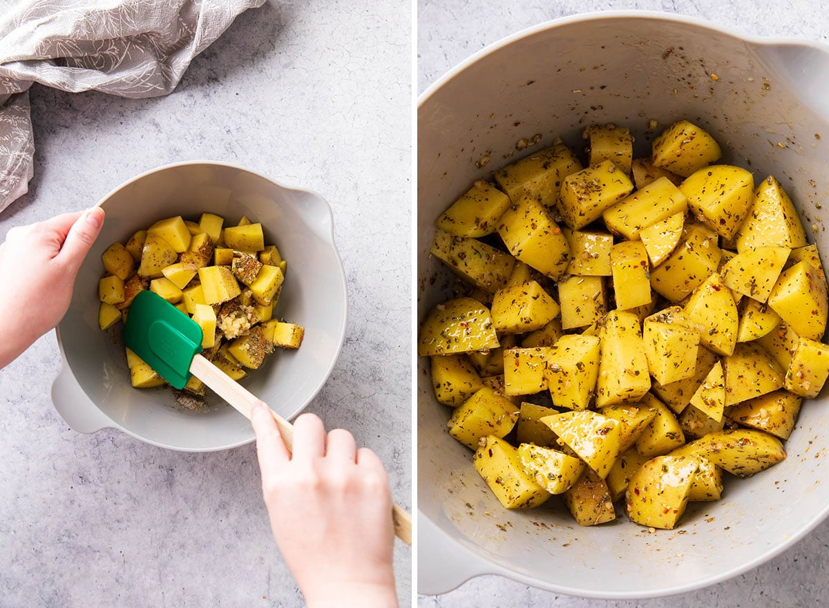 Stirring and folding seasonings and oil to coat Yukon gold potatoes