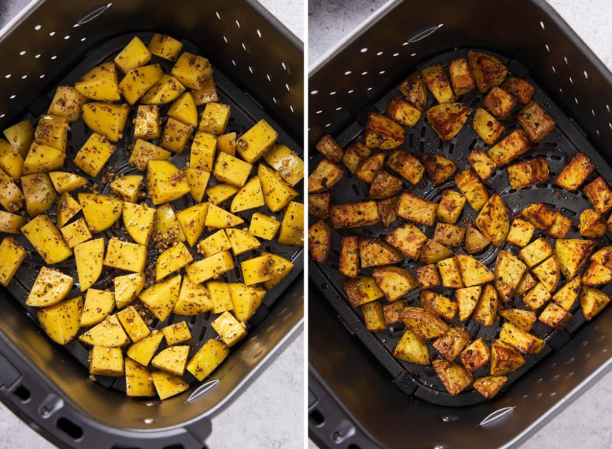 before and after photos showing roasted potatoes in air fryer