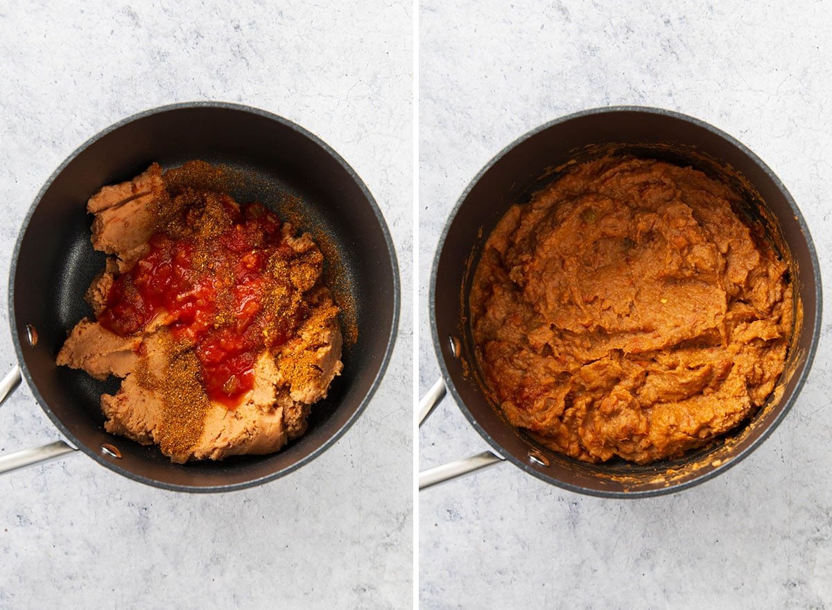 Two photos showing how to make a bean and cheese burrito - Salsa and seasoning over refried beans in a pan and the fully mixed seasoned refried beans in the same pan.