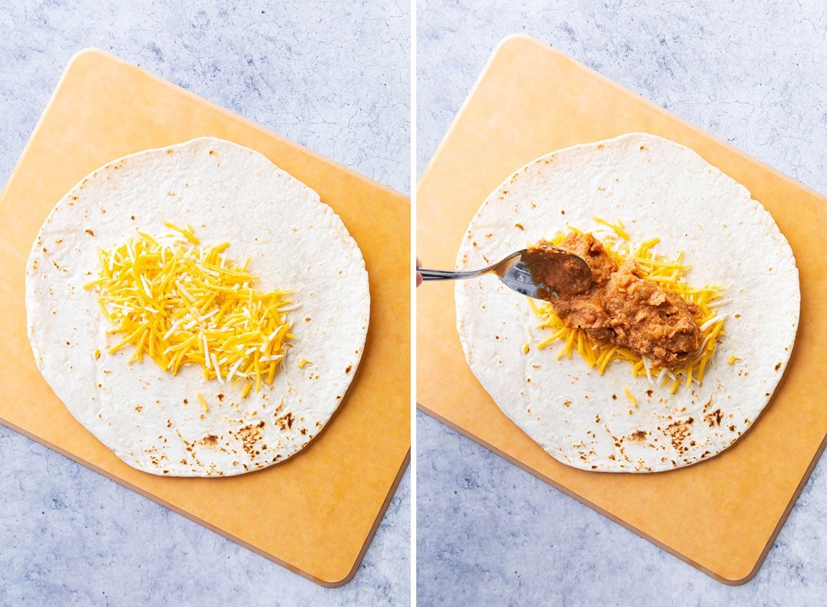 Two photos showing how to make this authentic bean and cheese burrito recipe - Mexican cheese blend on a tortilla placed on a cutting board and someone spooning refried beans over the cheese