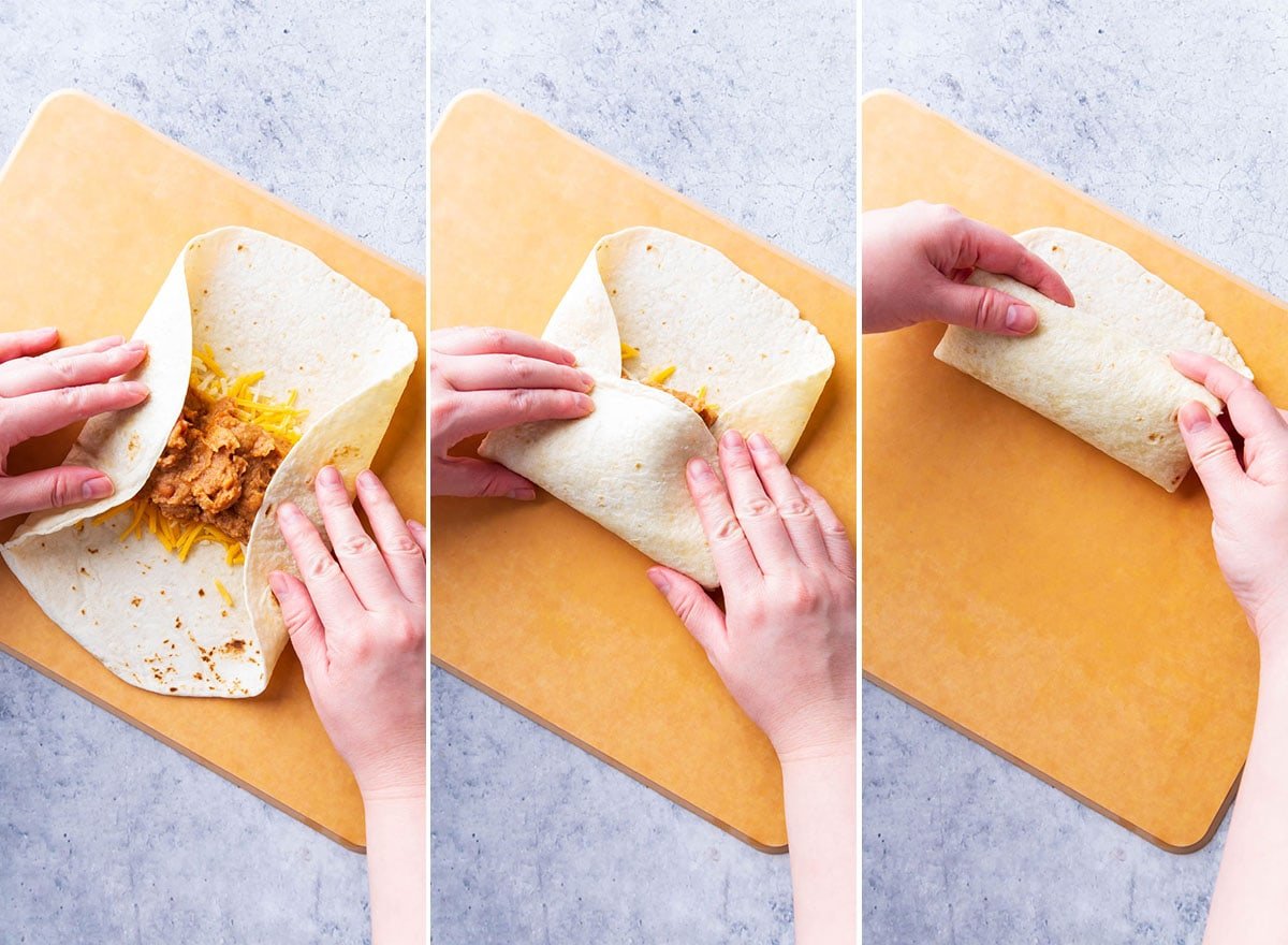 Three photos showing how to roll a refried burrito - hands folding in the sides of a tortilla to fold it, then rolling into a burrito.