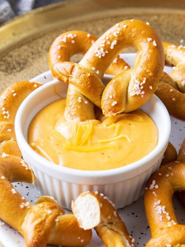 Beer cheese dip served in a dipping bowl