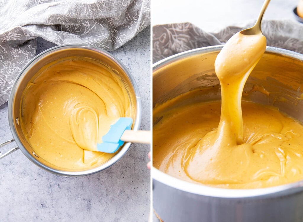 Two photos showing How to Make Beer Cheese Dip - stirring cheese, beer and whole milk together in a saucepan until thickened.