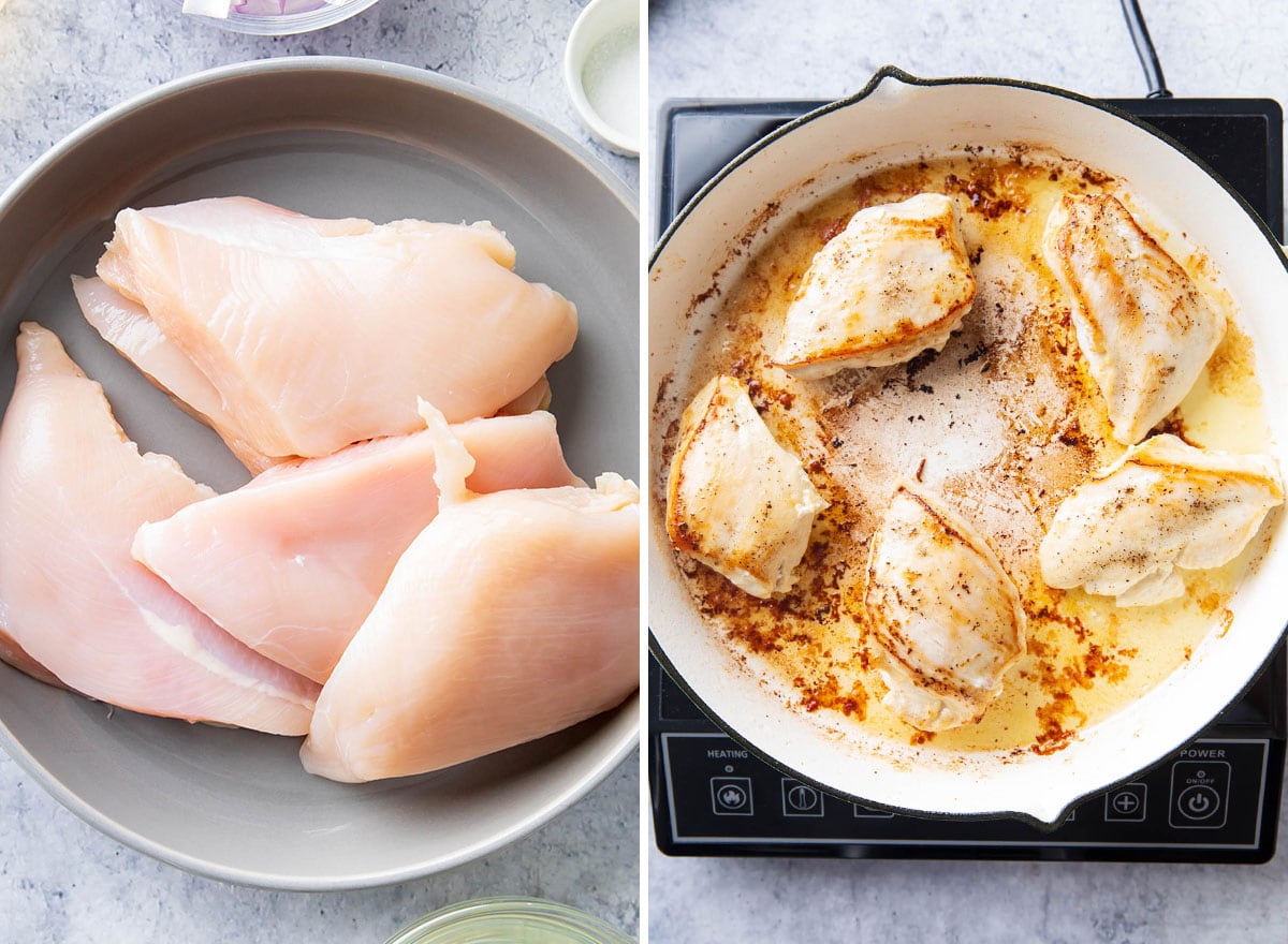 Two photos showing how to make Chicken Dijon - raw, skinless chicken breasts in a bowl and cooked chicken in a skillet.