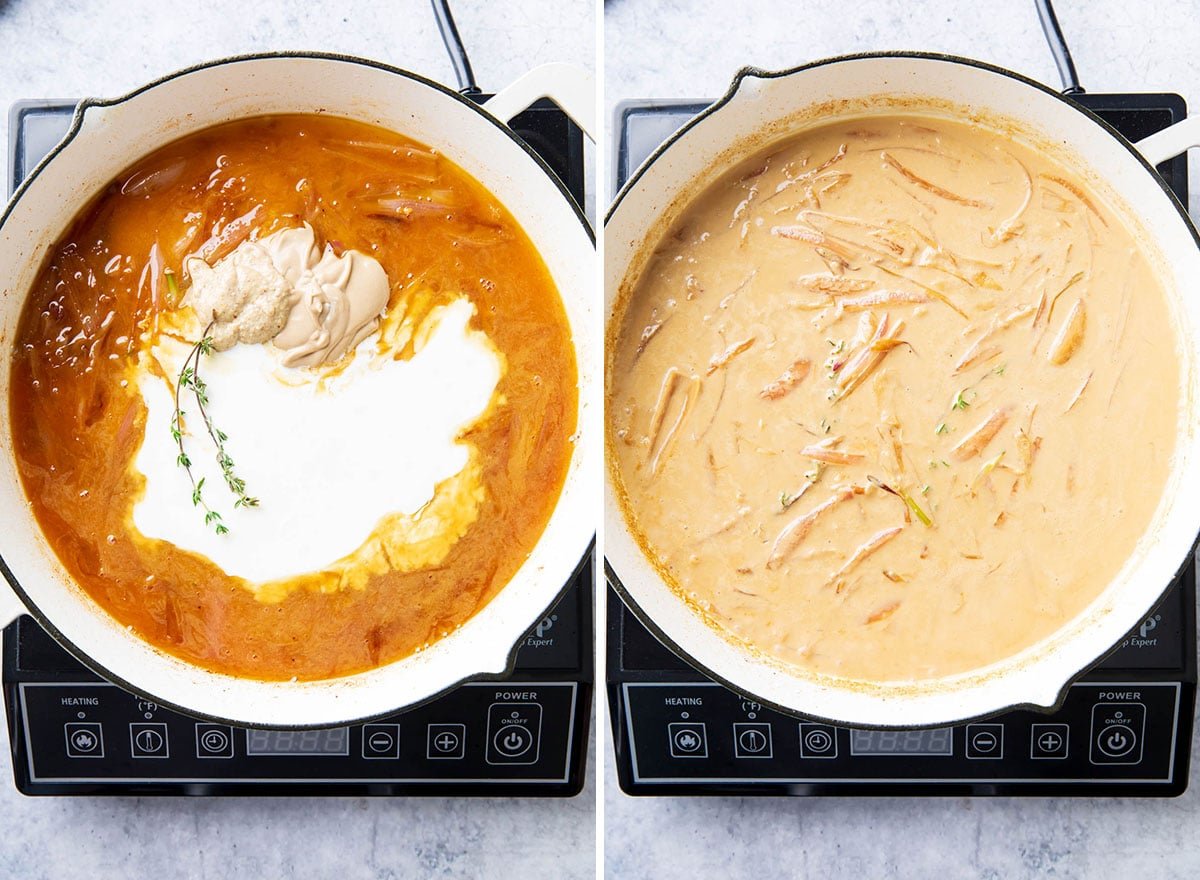 Two photos showing how to make creamy Dijon Chicken - Heavy cream, white wine, chicken broth and herbs in a cast iron skillet and fully mixed and cooked ingredients in the skillet.