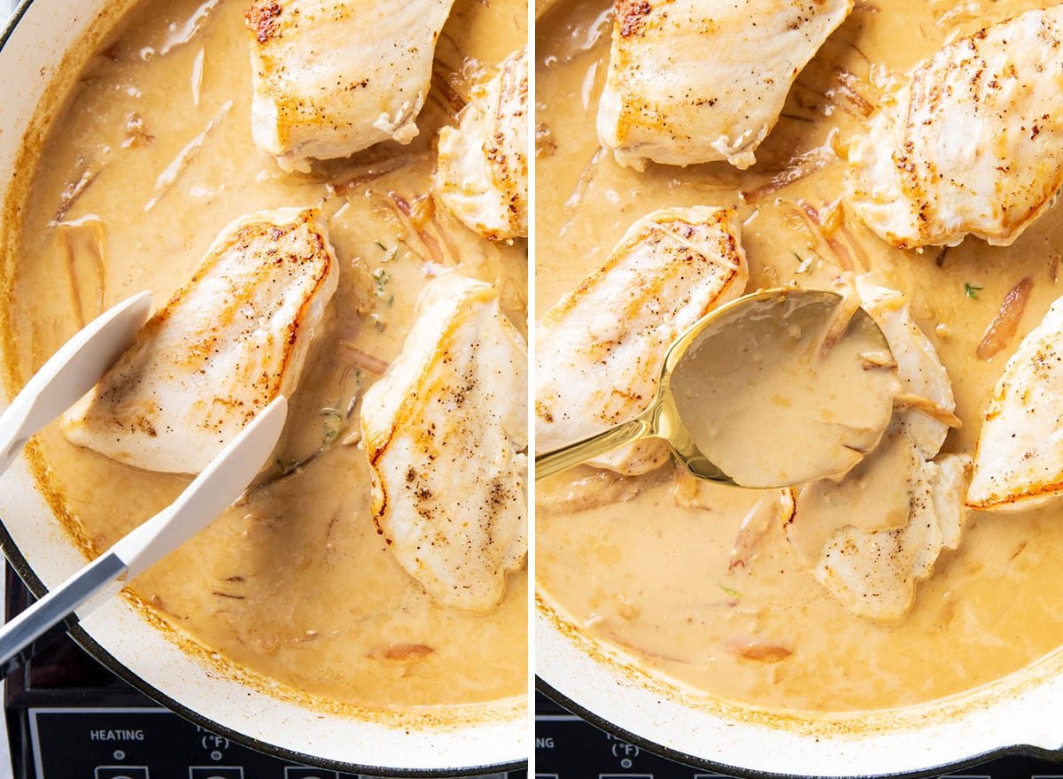 Using tongs to flip chicken breasts and spooning sauce over the chicken to ensure moisture and flavor.