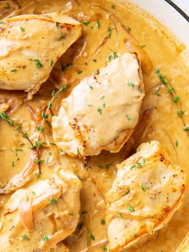 Chicken dijon coated in creamy, tangy dijon mustard sauce with caramelized shallots and fresh thyme.