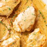 Chicken dijon coated in creamy, tangy dijon mustard sauce with caramelized shallots and fresh thyme.