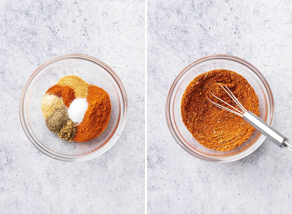 Two photos showing How to Make Blackened Salmon - whisking together blackened salmon seasoning in a small glass prep bowl.