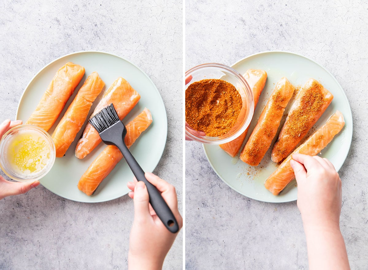 Two photos showing How to Make this Cajun salmon recipe - brushing butter over the fish and sprinkling with cajun seasoning.