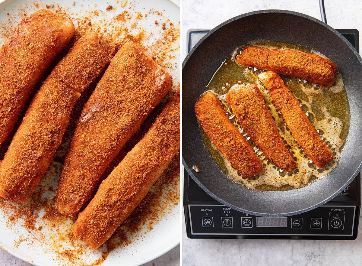 Close up of fish fillets to show the thick layer of seasoning coating it, and cooking in oil in a hot skillet.