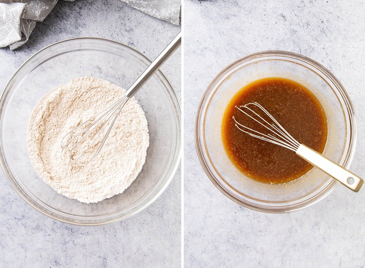 Two photos showing How to Make Carrot Cake Cupcakes - mixing dry and wet ingredients in separate bowls