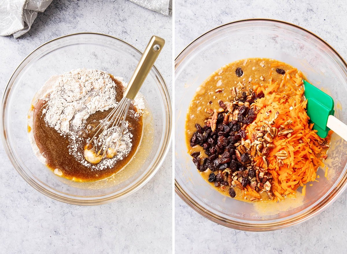 Two photos showing How to Make this Spring dessert recipe - whisking the batter and folding in add-ins like raisins, walnuts, and carrots.