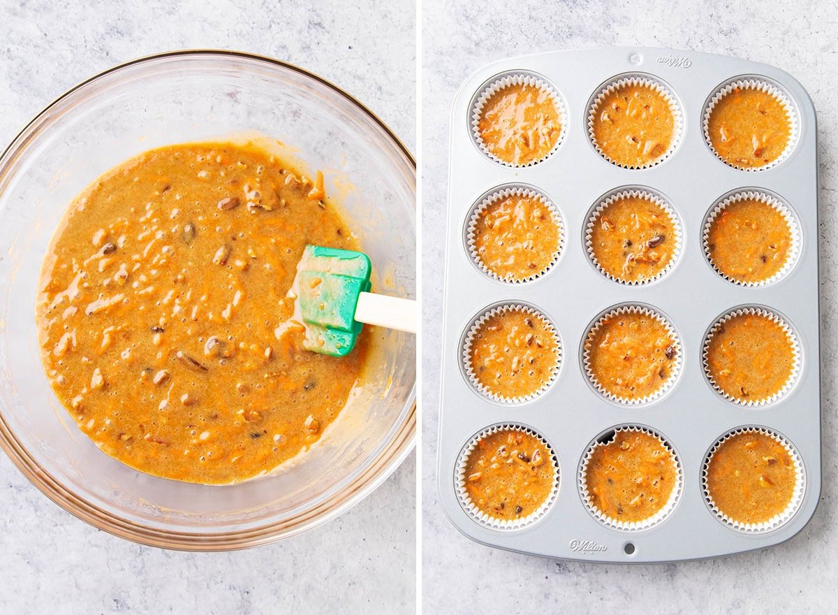 Two photos showing How to Make this easy and moist homemade Easter recipe - batter in bowl and spooned into lined cupcake tin.