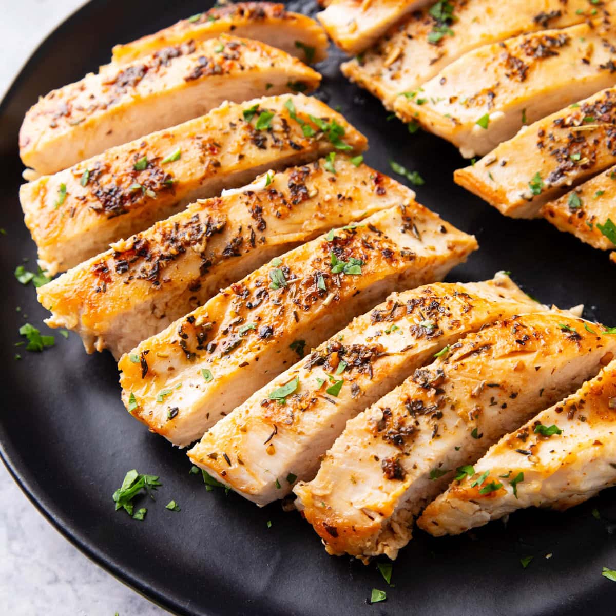 Plate of sliced pan seared chicken breast