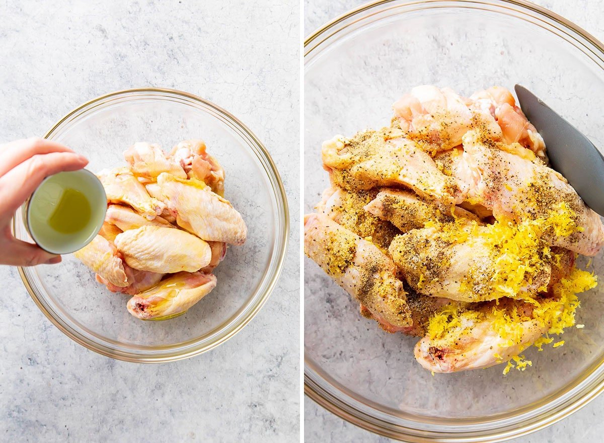 Two photos showing How to Make Lemon Pepper Wings - tossing raw chicken wings with oil and lemon seasonings.