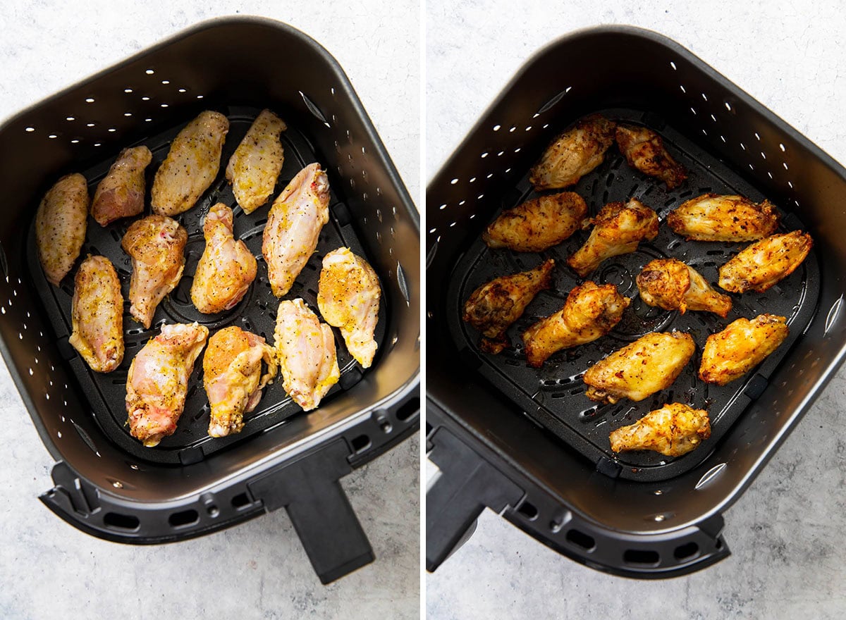 Two photos showing How to Make Lemon Pepper Wings in Air Fryer - before and after pics of cooked wings.